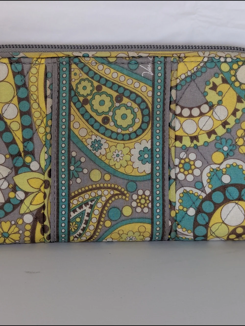 Vera Bradley Zip Around Wallet Paisley Floral Quilted Cotton Gray Yellow Blue